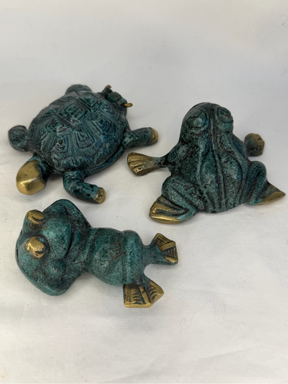 Set of 3 solid bronze figurines. Lucky Frogs & Turtle- trinket dish/ashtray